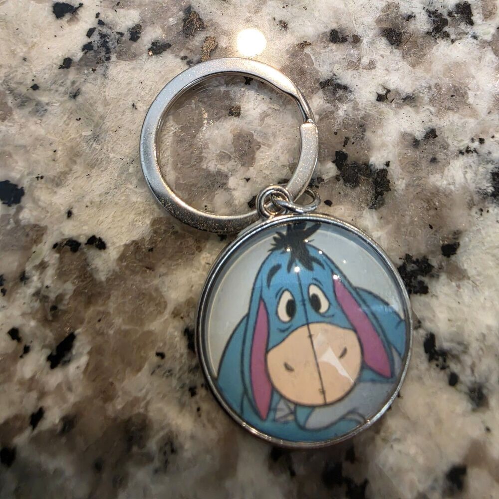 Eeyore Keychain Disney's Winnie the Pooh Oval Cabochon Silver Tone Keyring New